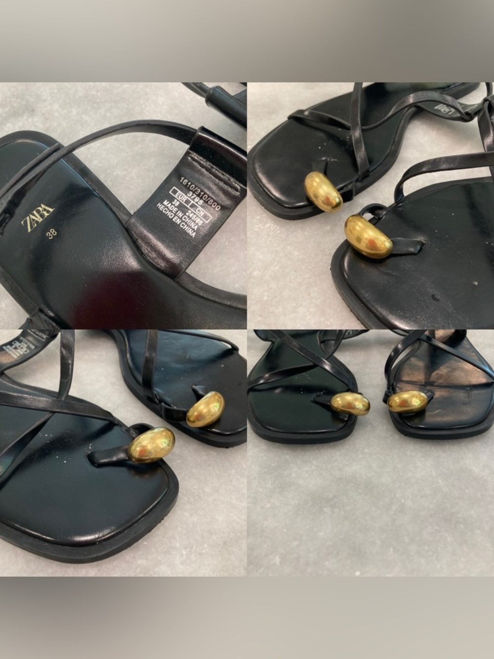 ZARA Black Leather Flat Strappy Gold Metal Toe Sandals - Picture 11 of 15